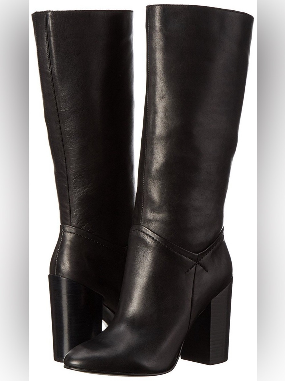 Aldo Black Leather Mid-Calf Block Heel Boots